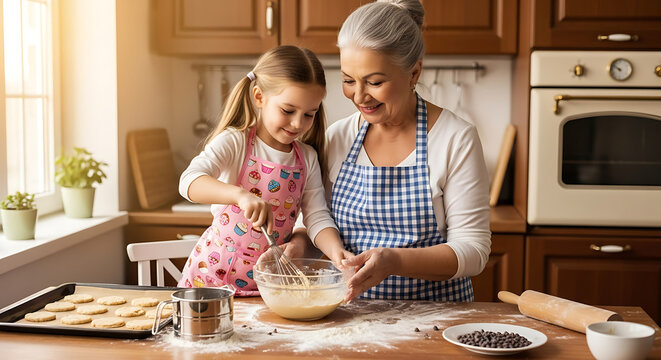 Grandmother and granddaughter creating memories baking cookies together in a sunny kitchen fostering love and warmth through shared activity