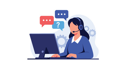 A customer support representative is working on their computer in an office setting.