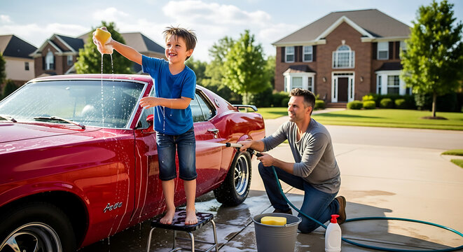 Father and son bonding while washing a red classic car on a sunny day creating suds and making memories together outside their home