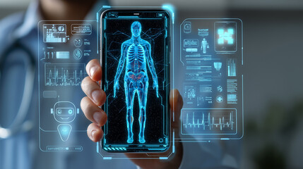 Telemedicine, physician reviews AI driven health data on holographic interface beside smartphone, inside hospital office to enhance outcomes. concept EHR, decision support, smart hospital.