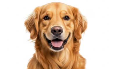 A cheerful golden retriever dog with a bright smile. posing against a clean white background. its friendly personality and perfect for pet-related marketing or social media content