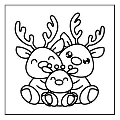 Obraz premium Whimsical Reindeer Family: A heartwarming monochrome illustration of a charming reindeer family, perfect for coloring or adding a touch of festive joy.