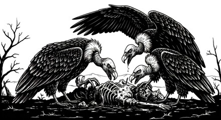  bold black vector of vultures eating dead bodies