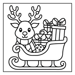 christmas reindeer with gifts Christmas Coloring Page Line Art