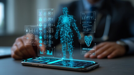 Telemedicine, physician reviews AI driven health data on holographic interface beside smartphone, inside hospital office to enhance outcomes. concept EHR, decision support, smart hospital.