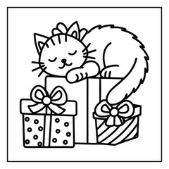 cat and gift box Christmas Coloring Page Line Art