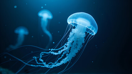 Hyper-realistic close-up of a luminous jellyfish drifting in the deep ocean