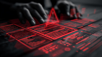 Warning alert icon with a hacked document system.Man typing on a keyboard with a red cybersecurity threat alert, surrounded by digital files and documents.