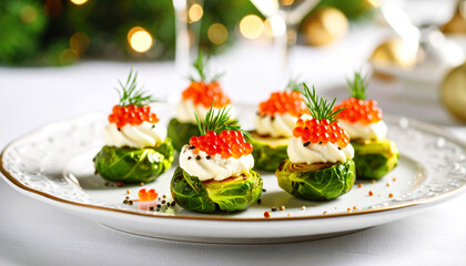 Brussel sprouts and caviar canapés with crème fraîche. AI