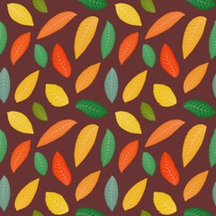 autumn colorful leaves seamless pattern on the brown background 