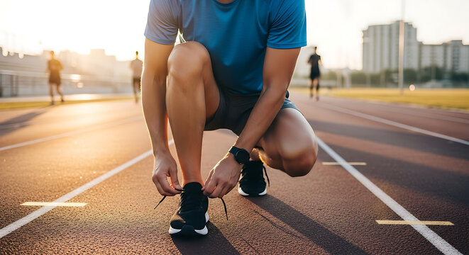 Runner tying shoe before a run Preparing for track workout on a sunny day Focus and determination for healthy fitness lifestyle