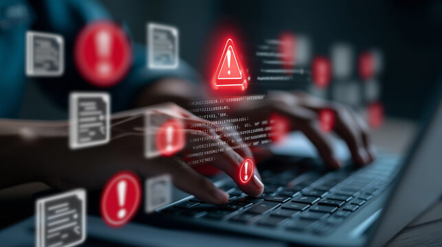 Warning alert icon with a hacked document system.Man typing on a keyboard with a red cybersecurity threat alert, surrounded by digital files and documents.