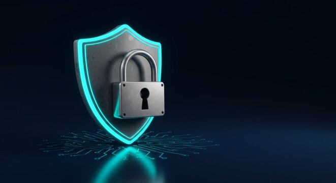 Cyber security shield with padlock and glowing circuit lines on dark background representing data protection and digital privacy