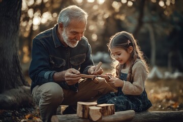Grandfather shares woodworking skills with granddaughter in a serene autumn setting