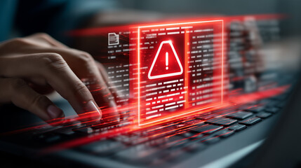 Warning alert icon with a hacked document system.Man typing on a keyboard with a red cybersecurity threat alert, surrounded by digital files and documents.