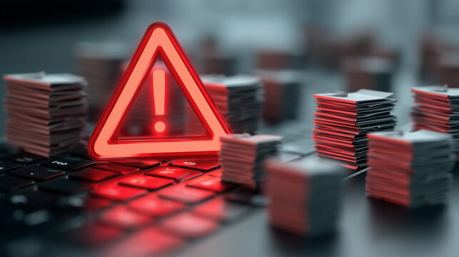 Warning alert icon with a hacked document system.Man typing on a keyboard with a red cybersecurity threat alert, surrounded by digital files and documents.
