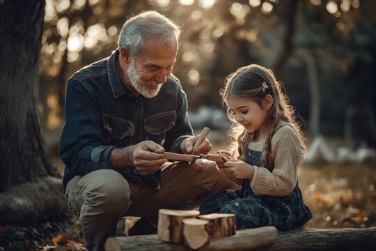 Grandfather shares woodworking skills with granddaughter in a serene autumn setting