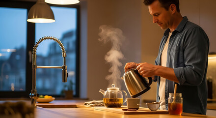 Man pours hot water from a kettle to a teapot preparing evening tea in a modern kitchen under warm lights enjoying a cozy moment