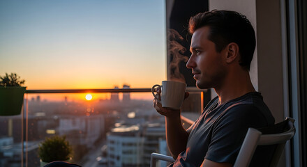 A man enjoying a quiet moment on a balcony at sunset sipping a hot drink while overlooking the cityscape Serene and peaceful scene