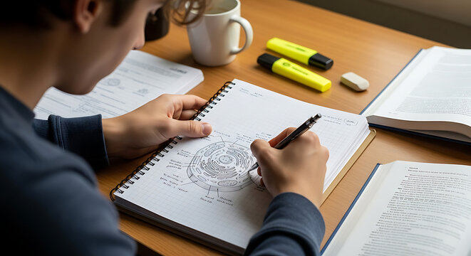 Student studying cellular biology The student is drawing a cell on the squared paper during the preparations for the next exam - Powered by Adobe
