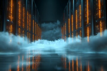 Immersive digital data center with glowing orange servers and ethereal blue mist creating a futuristic, high technology atmosphere for innovation and information storage concepts.