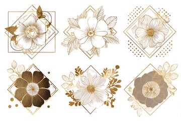 Collection of six elegant floral rhombus designs with gold accents