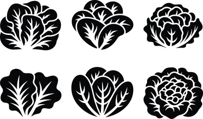 Black and white leafy vegetable illustrations, stylized lettuce and cabbage icons, botanical leaf patterns, symmetrical design, culinary, organic, healthy food