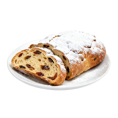 Traditional German Christmas Stollen Cake with Raisins and Powdered Sugar