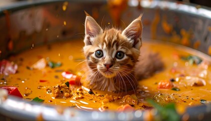 Curious kitten in a spicy soup