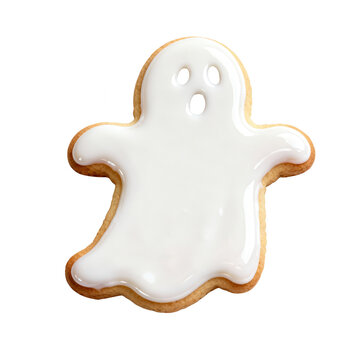 Cute Ghost Cookie with Big Eyes Decorated with White Icing on White Background