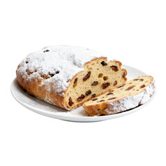 Traditional German Christmas Stollen bread dusted with powdered sugar, sliced on a white plate