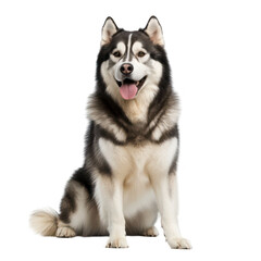 Fototapeta premium A majestic Siberian Husky sitting proudly against a white background. its striking black and white fur. with a playful expression and tongue out. ideal for pet-related content