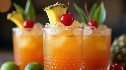 Refreshing frosty mai tai cocktail with cherry and pineapple garnish served chilled