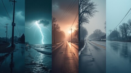 multiple hazardous weather events in one frame, dramatic lighting, dark skies, high contrast, extreme conditions, editorial concept