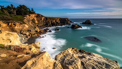 A coastal scene with cliffs, ocean, and rocks under a blue sky. Smooth water textures depict motion, and light hits the scene