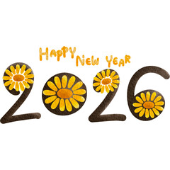 Happy New Year 2026 Text with Sunflower Decoration