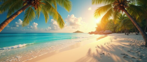 Tropical Beach With Crystal Clear Water And Palm Trees Golden Sunset High Detail 