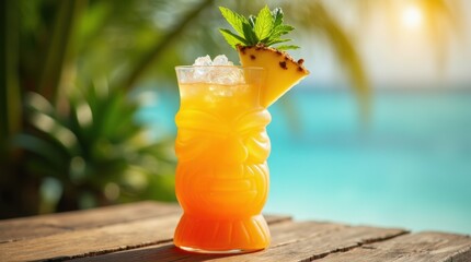 vibrant mai tai cocktail served in a sculpted tiki glass with crushed ice, mint sprigs, pineapple wedge, tropical background blurred, sunny atmosphere