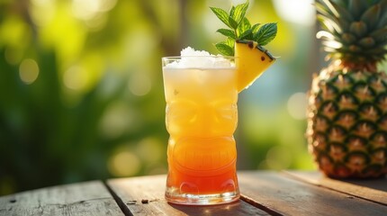 vibrant mai tai cocktail served in a sculpted tiki glass with crushed ice, mint sprigs, pineapple wedge, tropical background blurred, sunny atmosphere