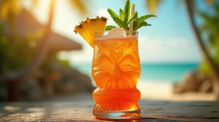 vibrant mai tai cocktail served in a sculpted tiki glass with crushed ice, mint sprigs, pineapple wedge, tropical background blurred, sunny atmosphere