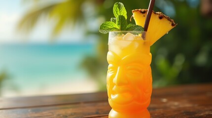 vibrant mai tai cocktail served in a sculpted tiki glass with crushed ice, mint sprigs, pineapple wedge, tropical background blurred, sunny atmosphere
