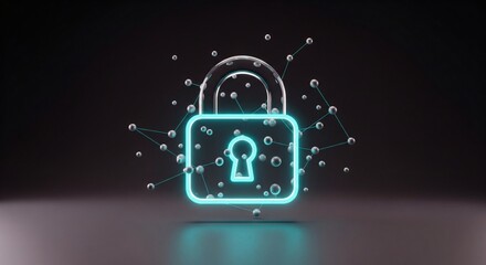 Digital security concept with a glowing padlock and connected network nodes on a dark background.