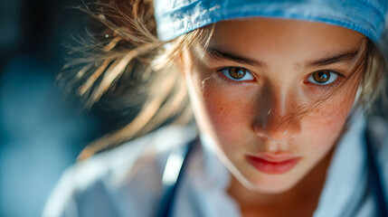 Close-up portrait of a young girl in a doctor outfit with determined eyes and natural freckles