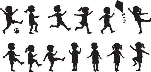 Silhouettes of children playing, running, jumping, dancing, flying kite, kicking ball, joyful motion, youth activity, white background, energetic design