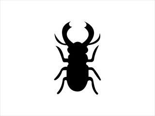 Stunning black beetle silhouette with large horns on white background