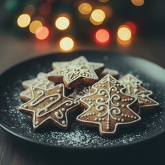 Festive Christmas cookies shaped like stars and trees, decorated with white icing and sprinkled with sugar, placed on a black plate with holiday lights glowing in the background.