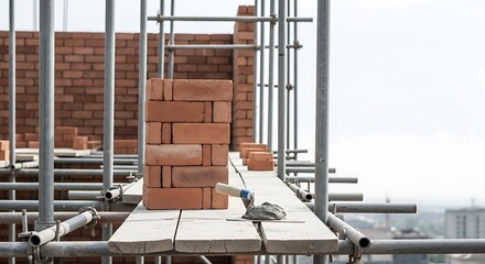 Close-up of a brick wall under construction with scaffolding, showing bricks, mortar, and a trowel on a wooden platform.