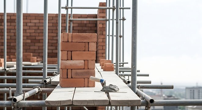 Close-up of a brick wall under construction with scaffolding, showing bricks, mortar, and a trowel on a wooden platform.