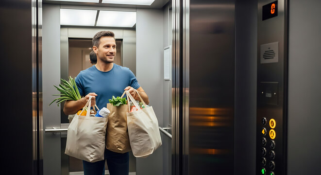 Man with groceries in elevator smiling Bags filled with fresh produce heading home with sustainable shopping Modern convenience