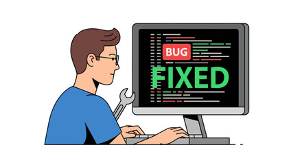 Male programmer successfully fixing a software bug on a computer screen.